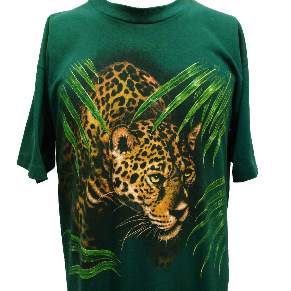 Vintage 80s Leopard T Shirt Size M Zoo Parc Safari Crew Neck Short Sleeve